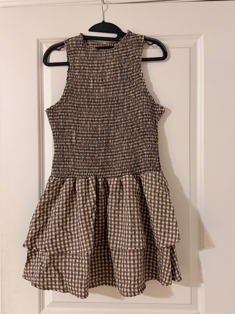 Sleeveless Smocked Gingham Tiered Mini Dress in Brown